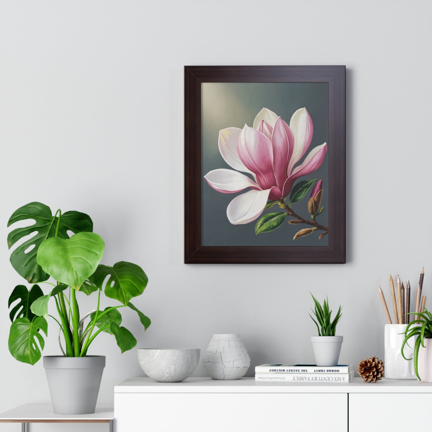Vertical Poster - Magnolia Floral Design: A close-up showcases a sophisticated botanical poster on museum-grade paper, elegantly framed, perfect for art enthusiasts seeking to infuse their space with nature-inspired elegance.