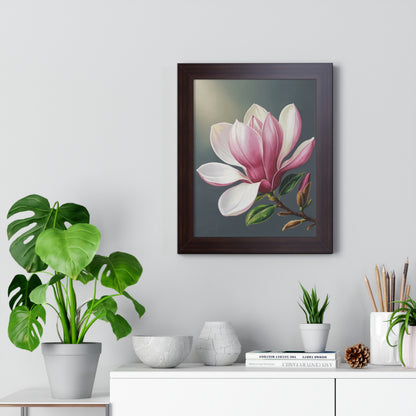 Vertical Poster - Magnolia Floral Design: A close-up showcases a sophisticated botanical poster on museum-grade paper, elegantly framed, perfect for art enthusiasts seeking to infuse their space with nature-inspired elegance.