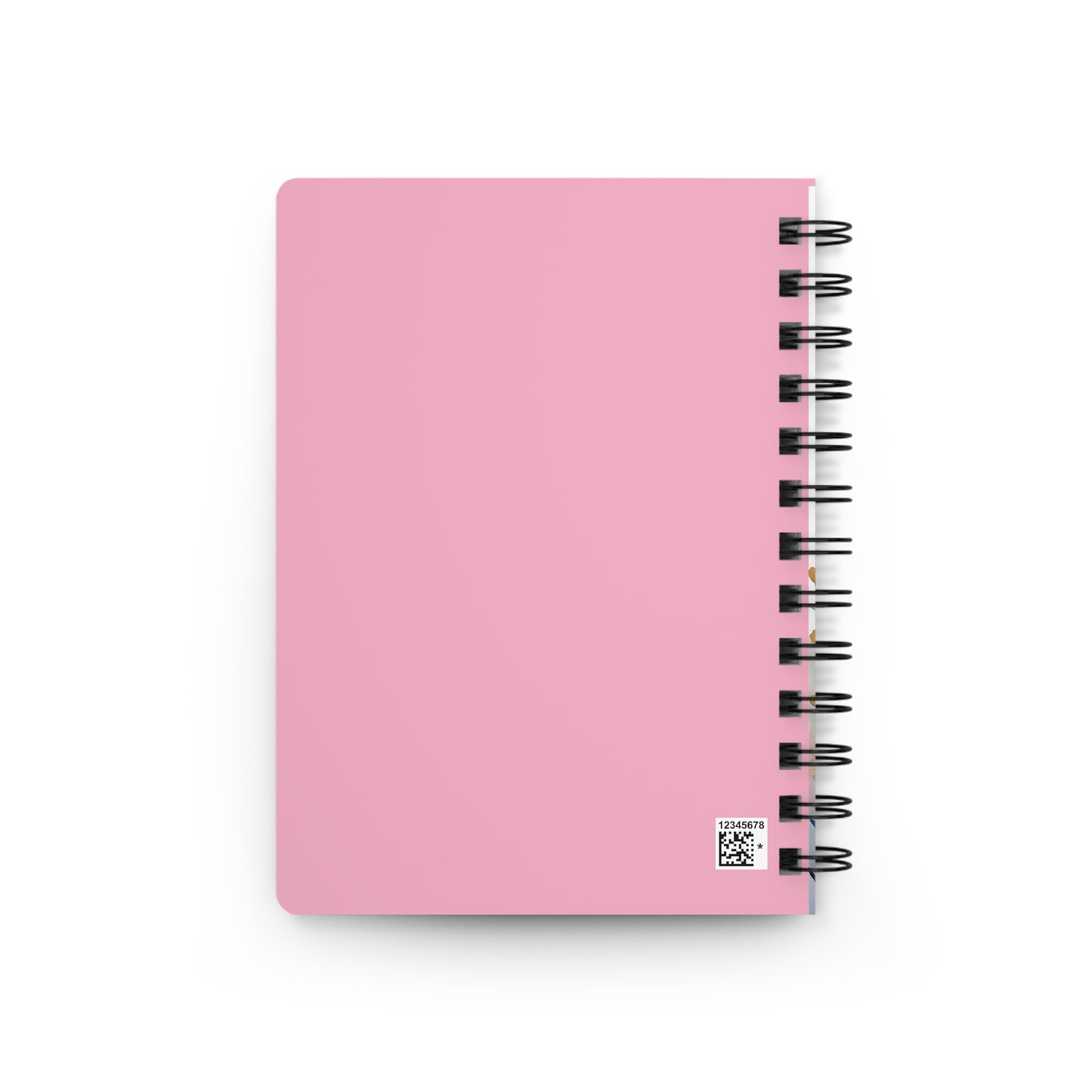 SPIRAL JOURNAL, DURABLE GLOSSY COVER, RULED, 5X7, PASTEL FIELD - A spiral-bound notebook with a solid pink cover and black coils, featuring a small QR-style label on the cover.