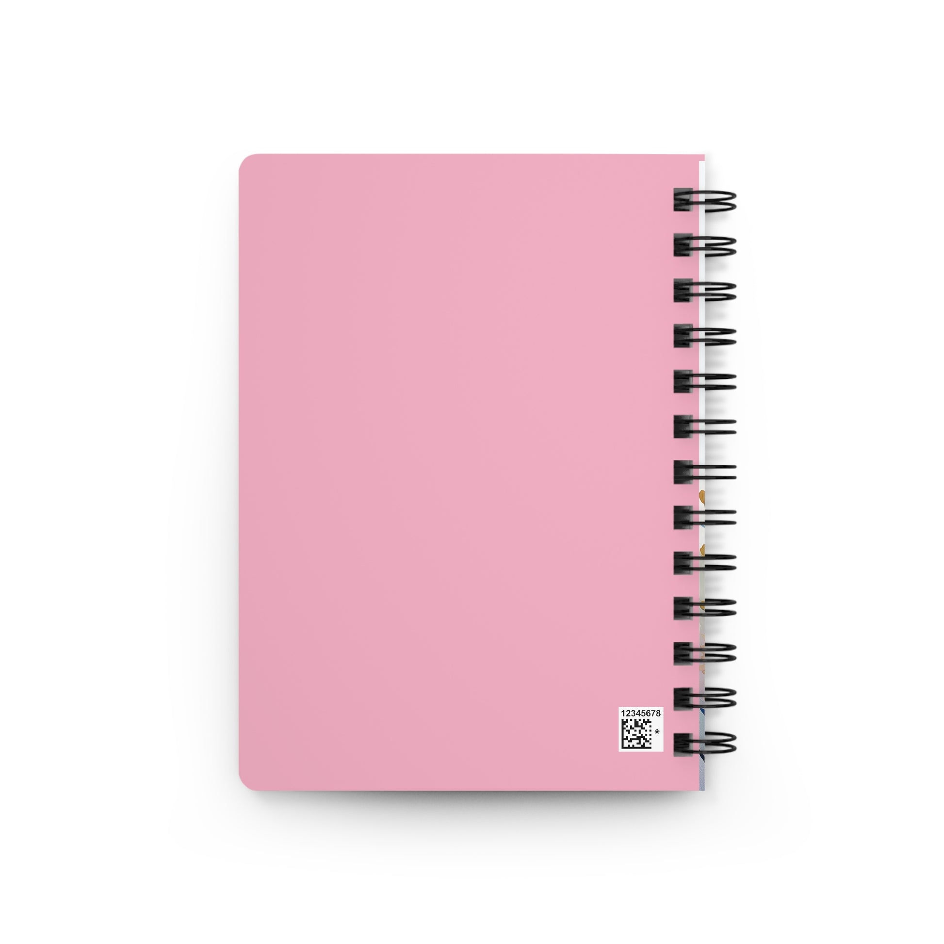 SPIRAL JOURNAL, DURABLE GLOSSY COVER, RULED, 5X7, PASTEL FIELD - A spiral-bound notebook with a solid pink cover and black coils, featuring a small QR-style label on the cover.