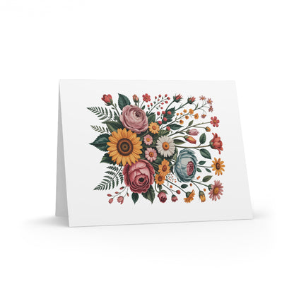 Flower Bouquet Greeting Cards — Pack of 8/16/24, featuring a vibrant floral illustration of roses, sunflowers, and daisies on a matte-finish blank card, perfect for adding cheerful, personal messages.