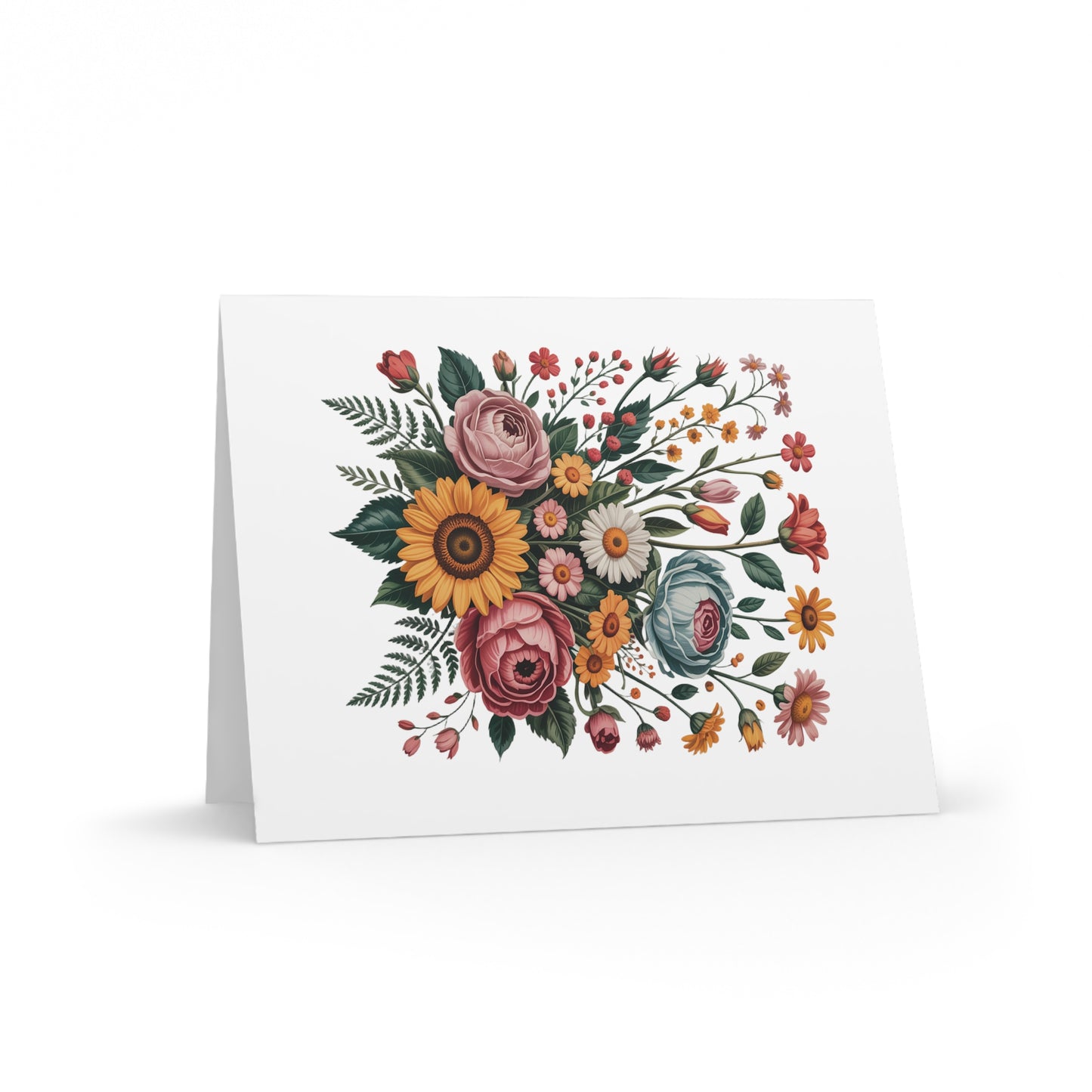 Flower Bouquet Greeting Cards — Pack of 8/16/24 featuring a vibrant floral illustration of sunflowers, roses, and daisies on a matte-finish card, perfect for heartfelt messages. Includes matching envelopes.