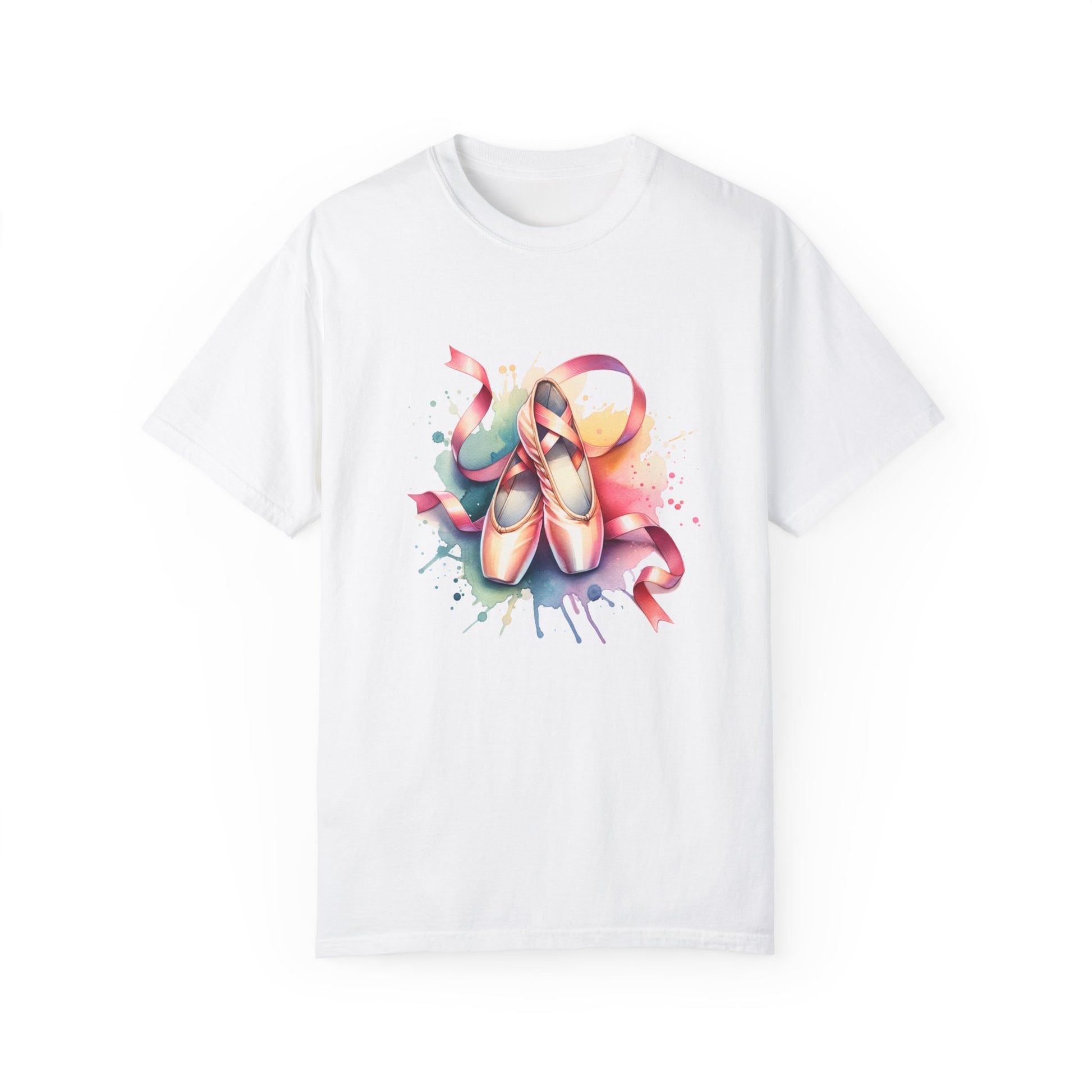 Ballet Shoes Comfort Colors Unisex T-Shirt featuring a detailed painting of ballet shoes with pink ribbons, embodying elegance and comfort, perfect for dance enthusiasts and casual wear.