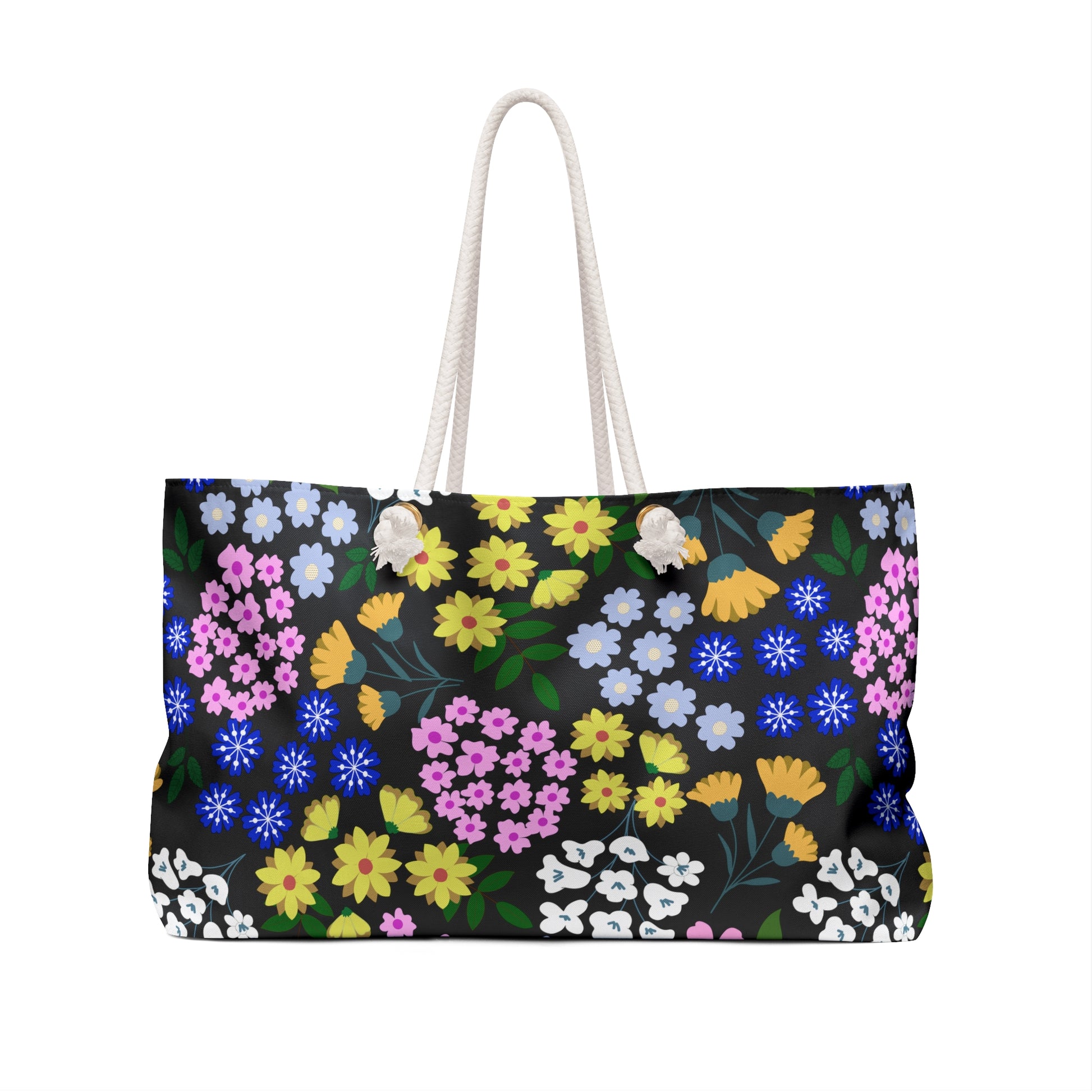 Weekender Bag with vibrant floral print and sturdy white rope handles, designed for stylish travel with ample space and luxurious cream interior, embodying FireBrook Essentials' commitment to joyful, uplifting design.