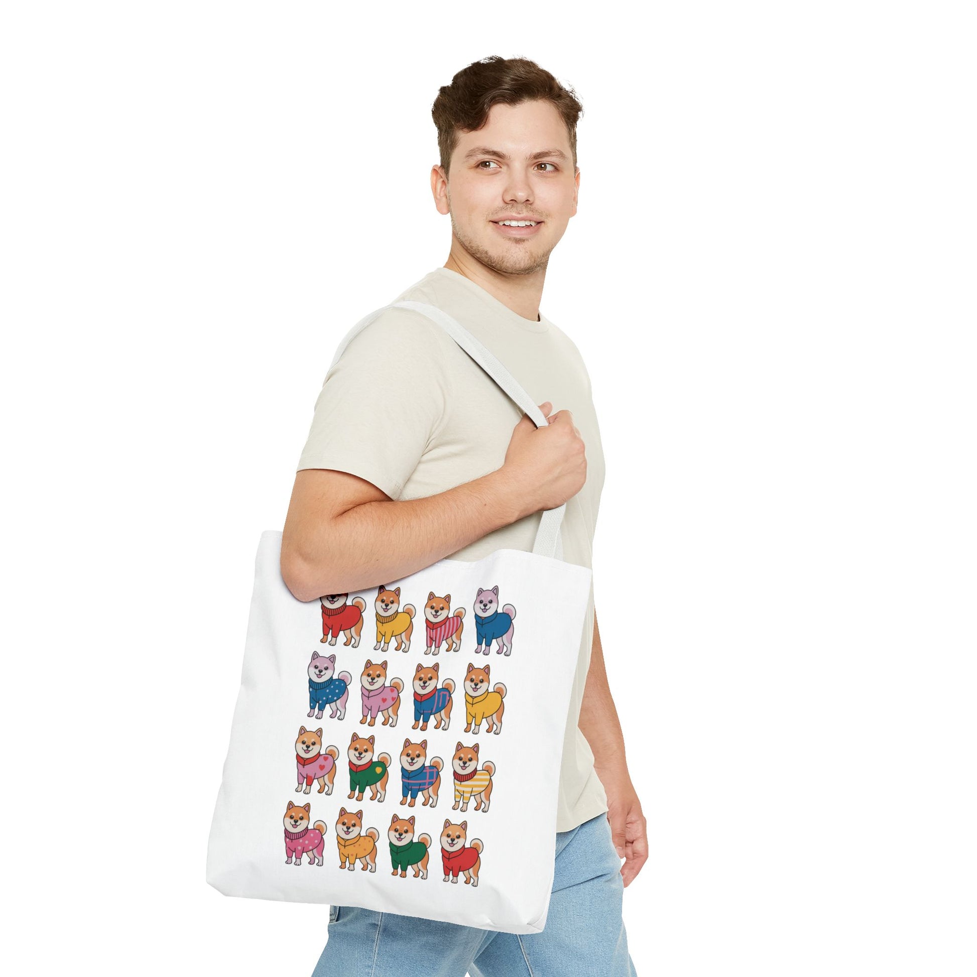 Shiba Inu Grid Tote Bag with Colorful Outfits featuring cheerful Shiba Inus in unique attire, perfect for dog lovers seeking whimsical, durable accessories for joyful everyday use.