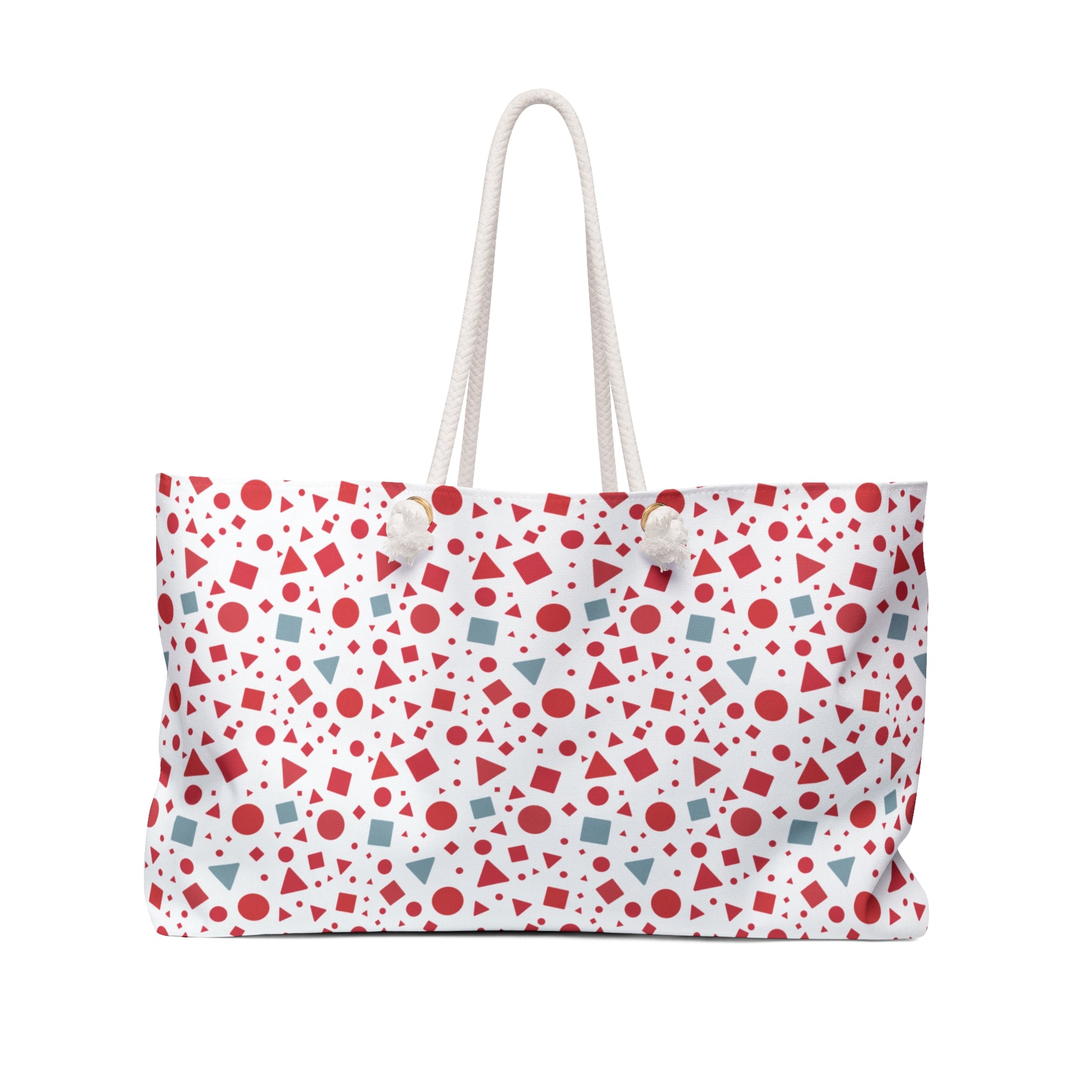 Geometric Pattern Weekender Bag – Red & Light Blue Modern Travel Tote, showcasing bold geometric shapes with comfortable rope handles and spacious design, perfect for stylish trips and versatile use.