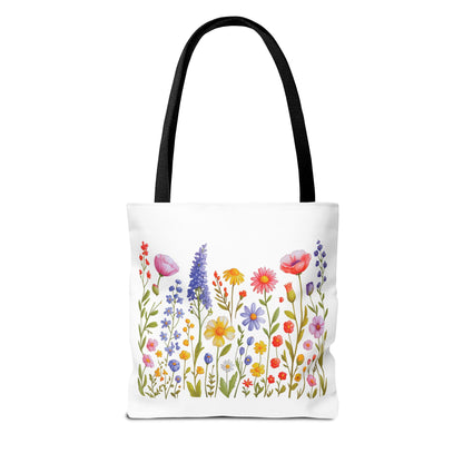 Wildflowers Tote Bag featuring a vibrant wildflower design, symbolizing a free-spirited vibe, perfect for everyday use. Available in various sizes, with durable polyester and customizable handle colors. Ideal for nature lovers.
