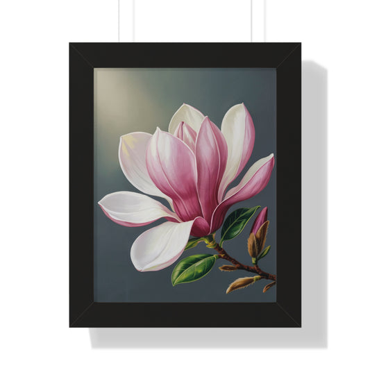 Vertical Poster - Magnolia Floral Design features a close-up of magnolia petals and leaves, elegantly framed, perfect for adding sophistication and a touch of nature to any home decor.