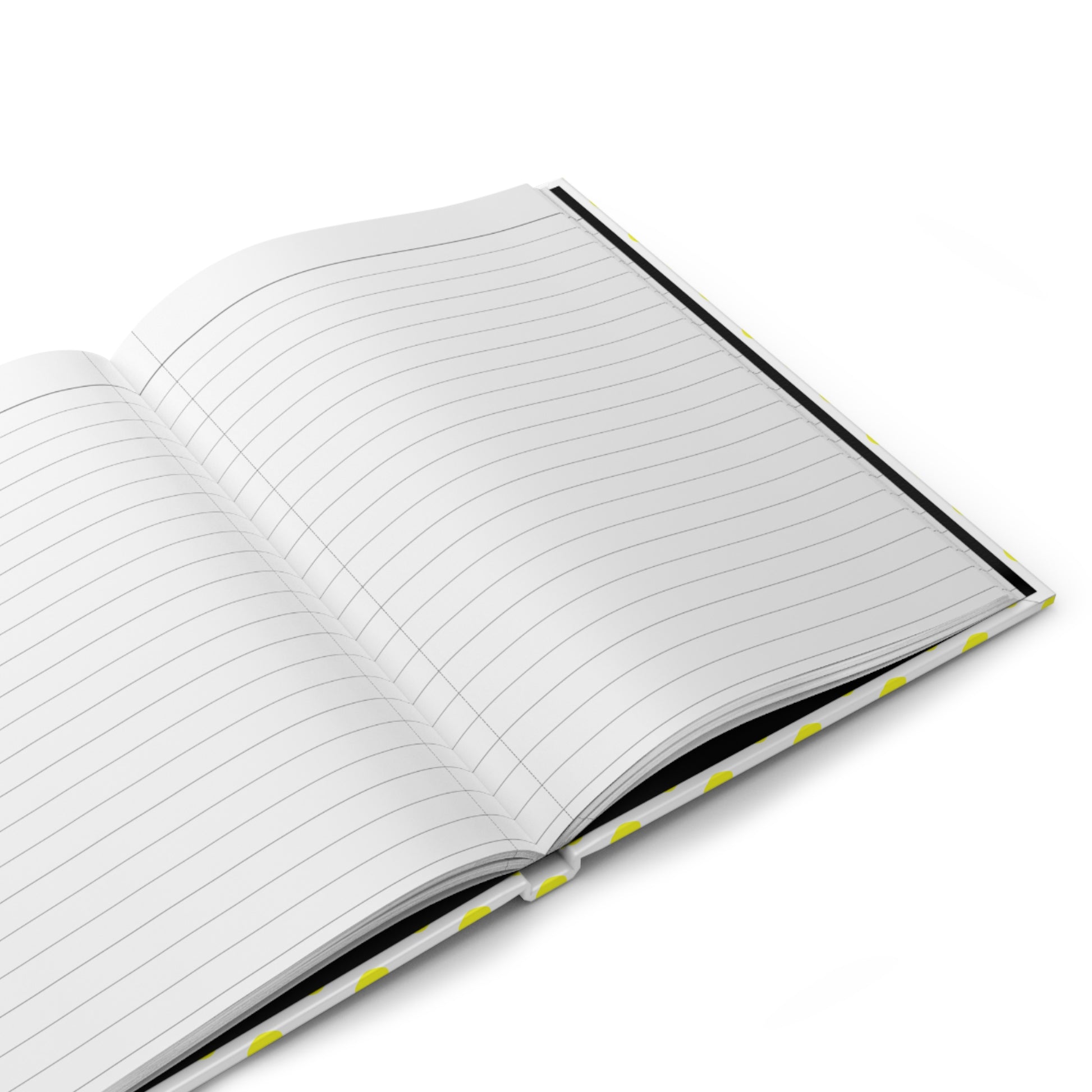 HARDCOVER JOURNAL, MATTE, RULED, 5X7, SEWN BIND, CLEAN-TEAR PAGES – POLKA DOTS, YELLOW, featuring an open view of lined pages and a durable, polka-dotted cover, perfect for uplifting your daily notes.