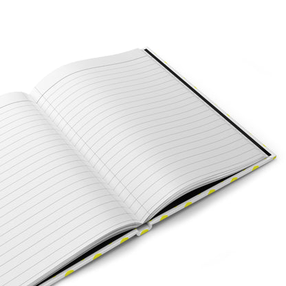 HARDCOVER JOURNAL, MATTE, RULED, 5X7, SEWN BIND, CLEAN-TEAR PAGES – POLKA DOTS, YELLOW, featuring an open view of lined pages and a durable, polka-dotted cover, perfect for uplifting your daily notes.