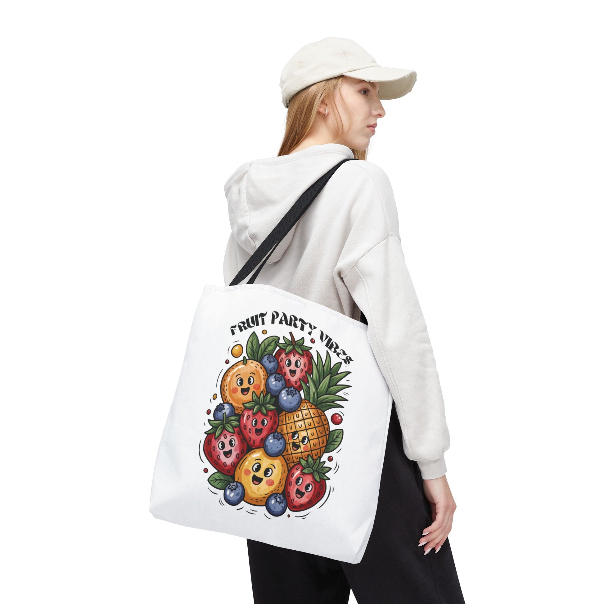 Fruit Party Tote Bag - Fun Summer Vibes: A durable polyester tote featuring a playful, vibrant fruit pattern, reinforced handles, and boxed corners, perfect for joyful everyday use and summer outings.