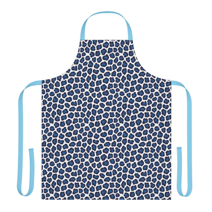 Apron, Cheetah Print: A stylish apron featuring a bold blue cheetah pattern with blue straps, crafted from soft polyester canvas for comfortable wear, ideal for cooking or crafting.