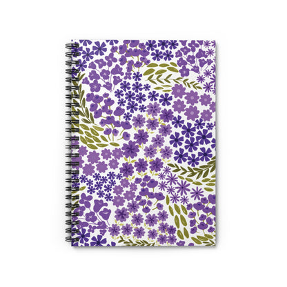 Floral Spiral Notebook with a white cover featuring purple flowers and olive-green leaves, offering style and function with a durable metal spiral, perfect for creative note-taking and organization.