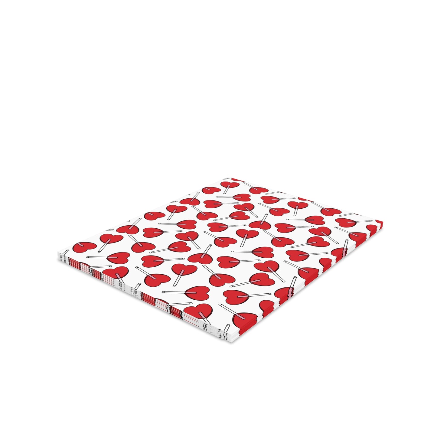 Love Greeting Cards — Pack of 8/16/24 features a stack of folded, matte-finish cards adorned with red heart-shaped lollipops on a white background, capturing a cheerful, vibrant design.
