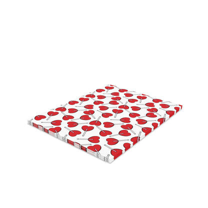 Love Greeting Cards — Pack of 8/16/24 features a stack of folded, matte-finish cards adorned with red heart-shaped lollipops on a white background, capturing a cheerful, vibrant design.