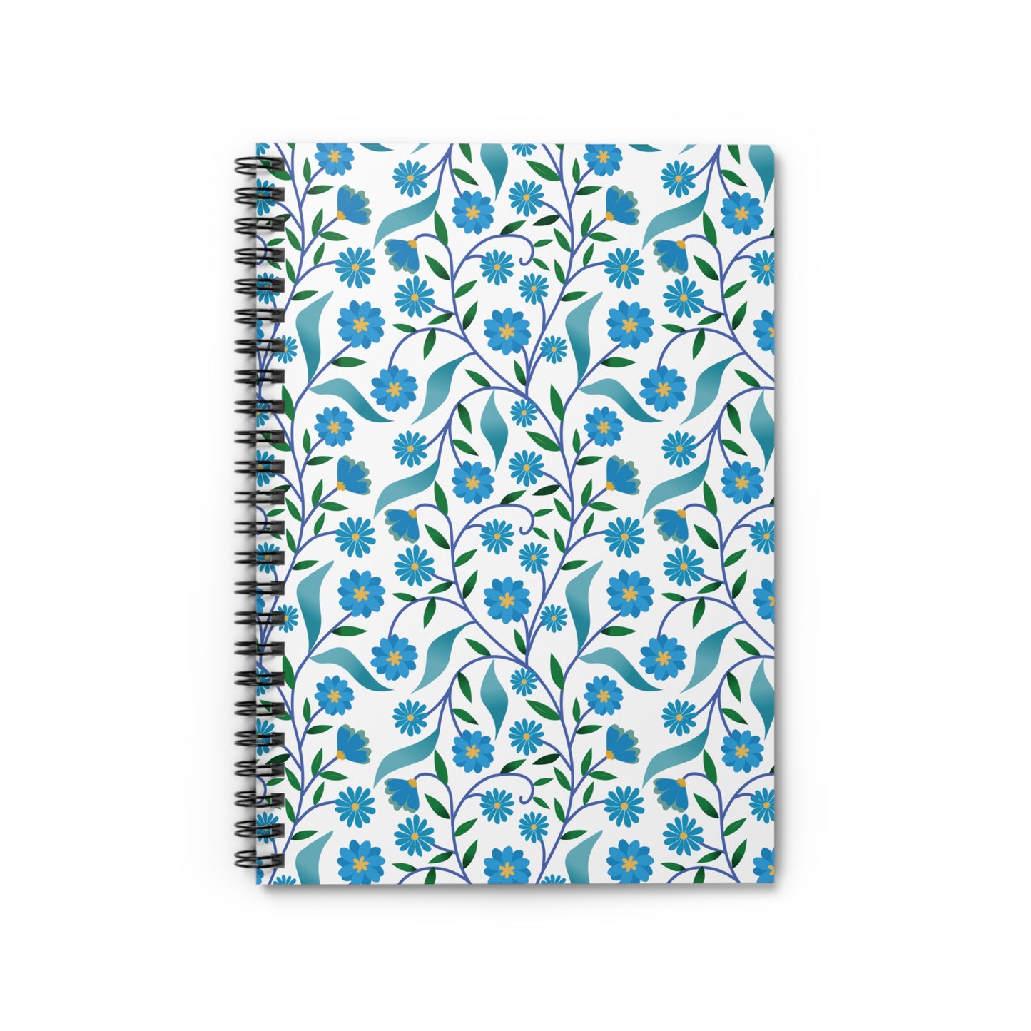 Floral Spiral Notebook featuring a vibrant, all-over floral pattern with blue blossoms and green leaves on a white cover, designed for creativity and organization with durable metal binding and compact portability.