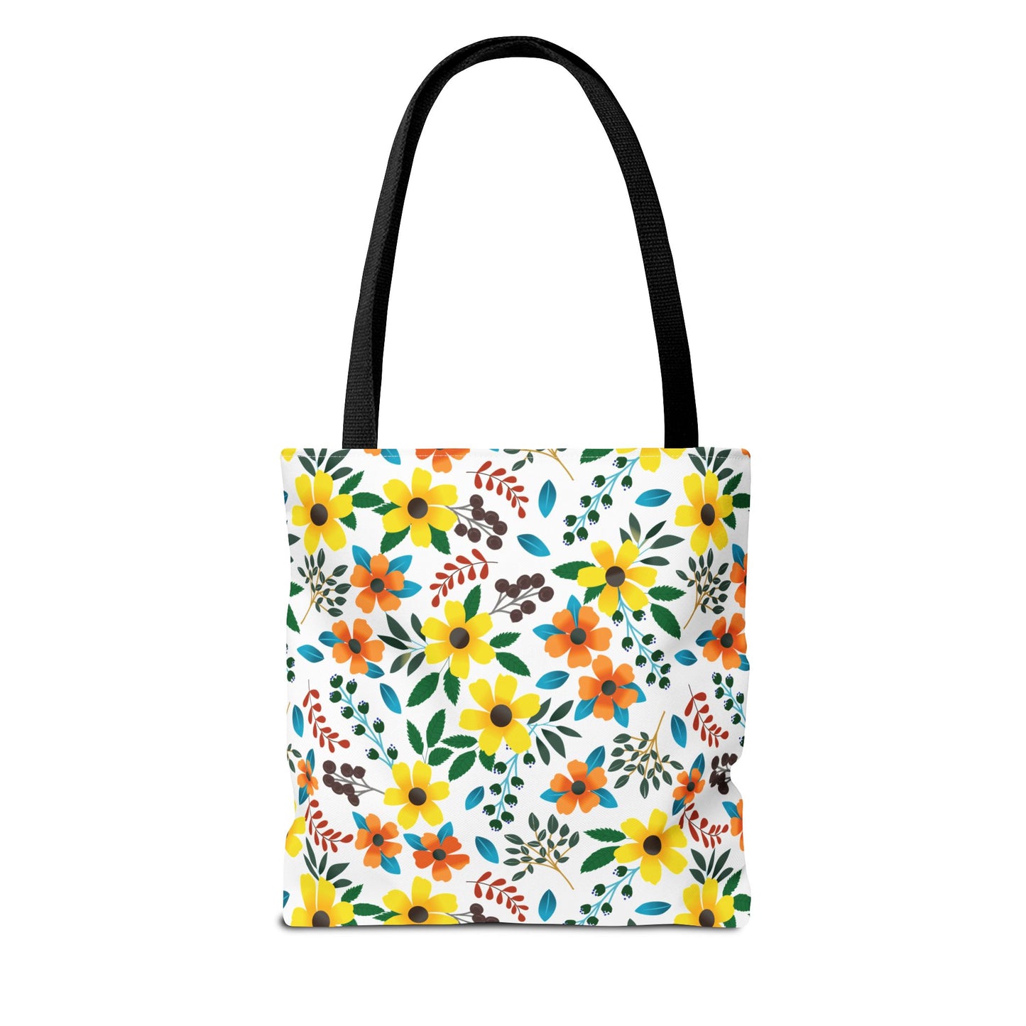 Floral Tote Bag with black straps features a vibrant pattern of yellow and orange blossoms, green leaves, and red sprigs on white. Perfect for summer outings, embodying FireBrook Designs' joyful, uplifting style.