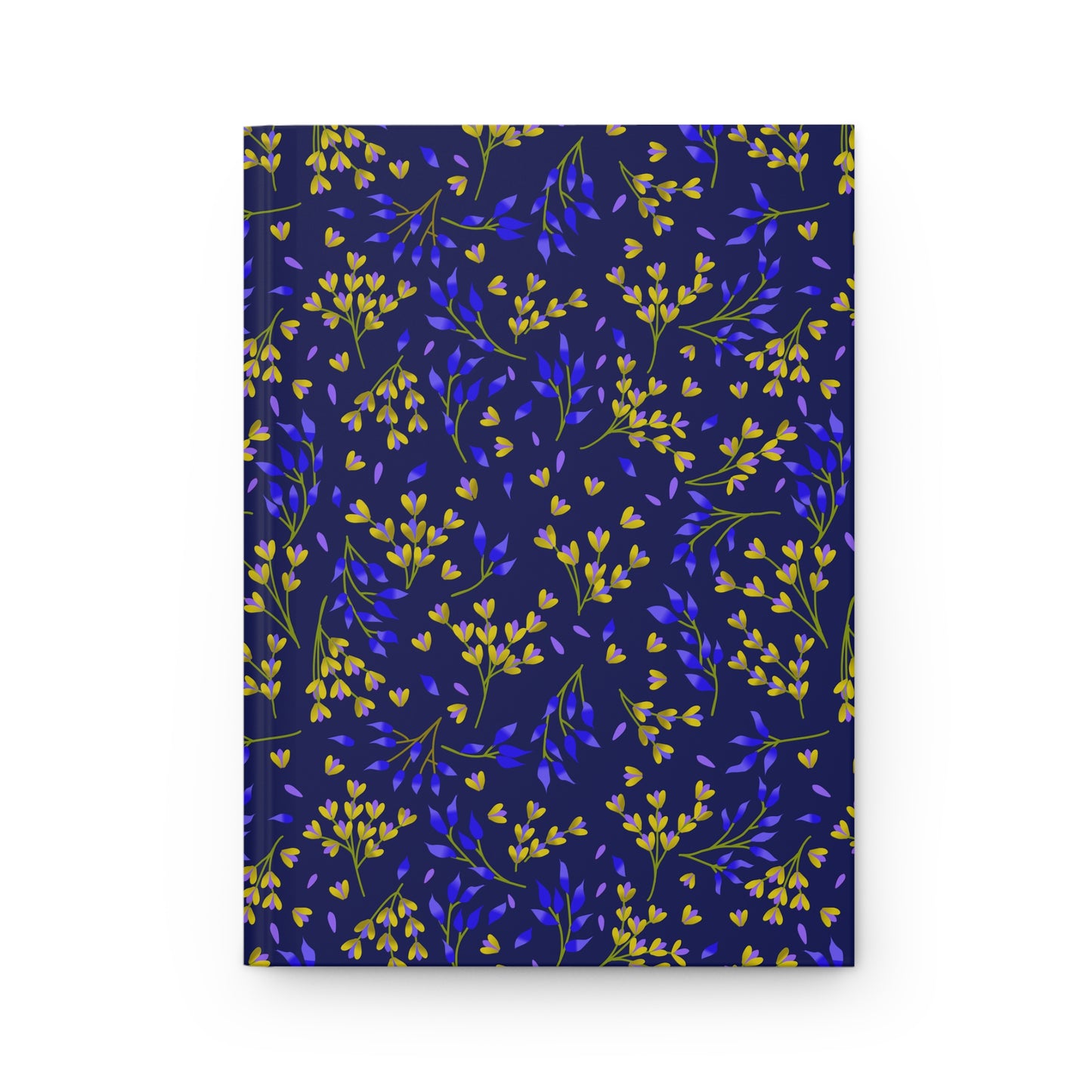 HARDCOVER JOURNAL, MATTE, RULED, 5X7, SEWN BIND, CLEAN-TEAR PAGES – EVENING BRANCHES features a dark navy-blue cover adorned with a vibrant floral pattern, showcasing FireBrook Designs' uplifting aesthetic.