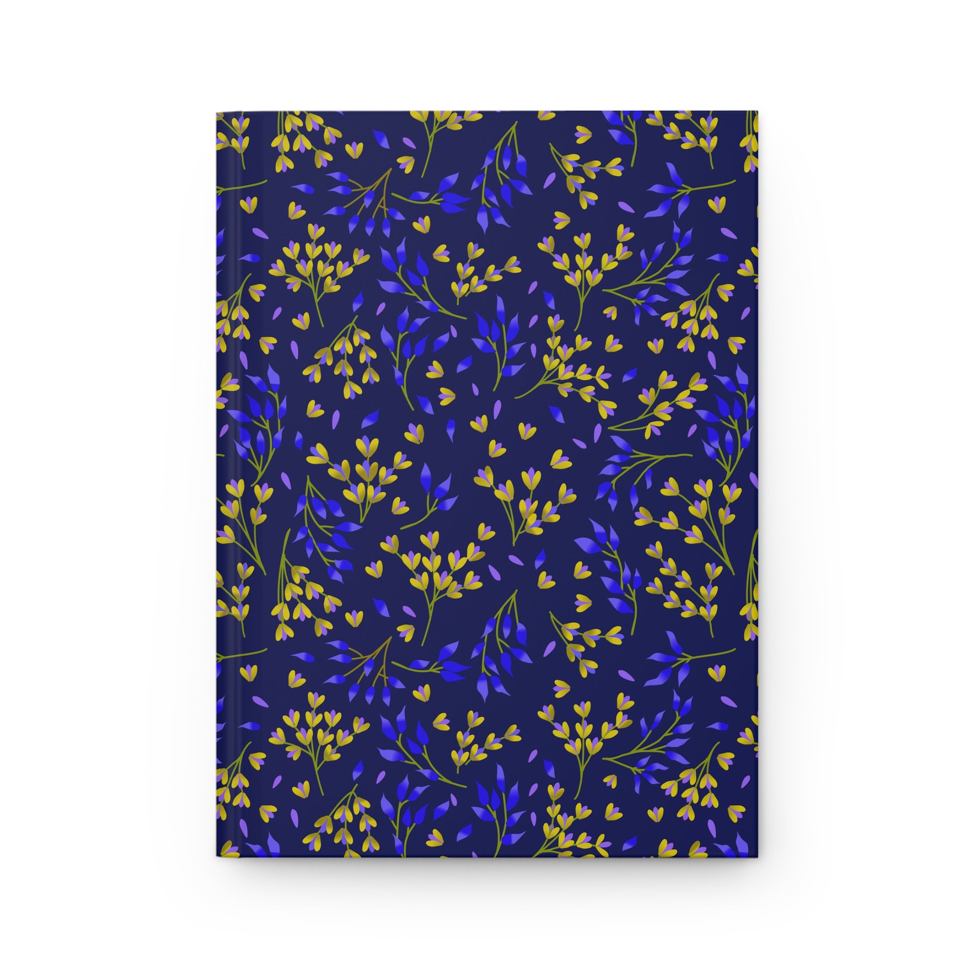 HARDCOVER JOURNAL, MATTE, RULED, 5X7, SEWN BIND, CLEAN-TEAR PAGES – EVENING BRANCHES features a dark navy-blue cover adorned with a vibrant floral pattern, showcasing FireBrook Designs' uplifting aesthetic.