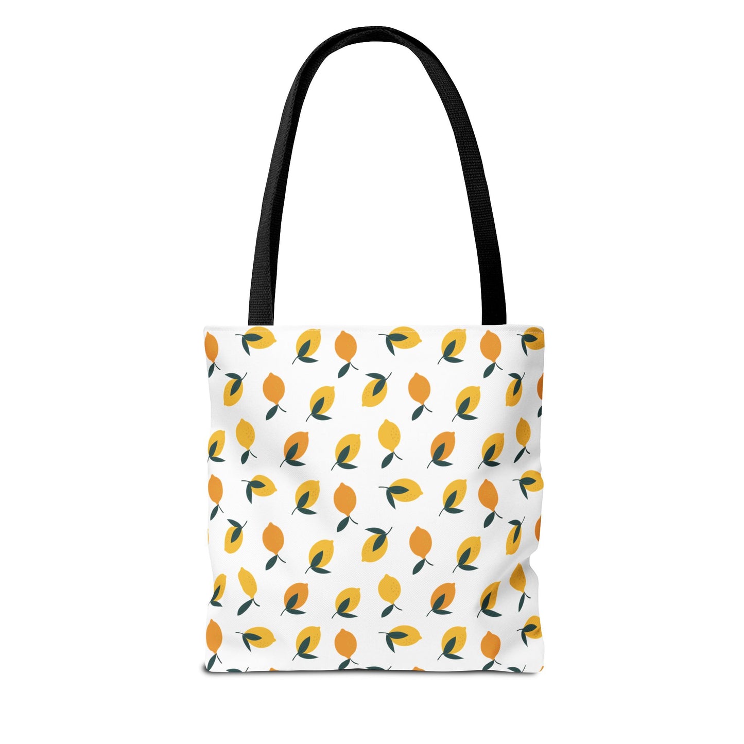 Lemon Drop Toss Tote Bag features a vibrant lemon motif with alternating yellow hues and green leaves, complemented by black straps. Ideal for summer outings, it embodies FireBrook Essentials' joyful, stylish design ethos.