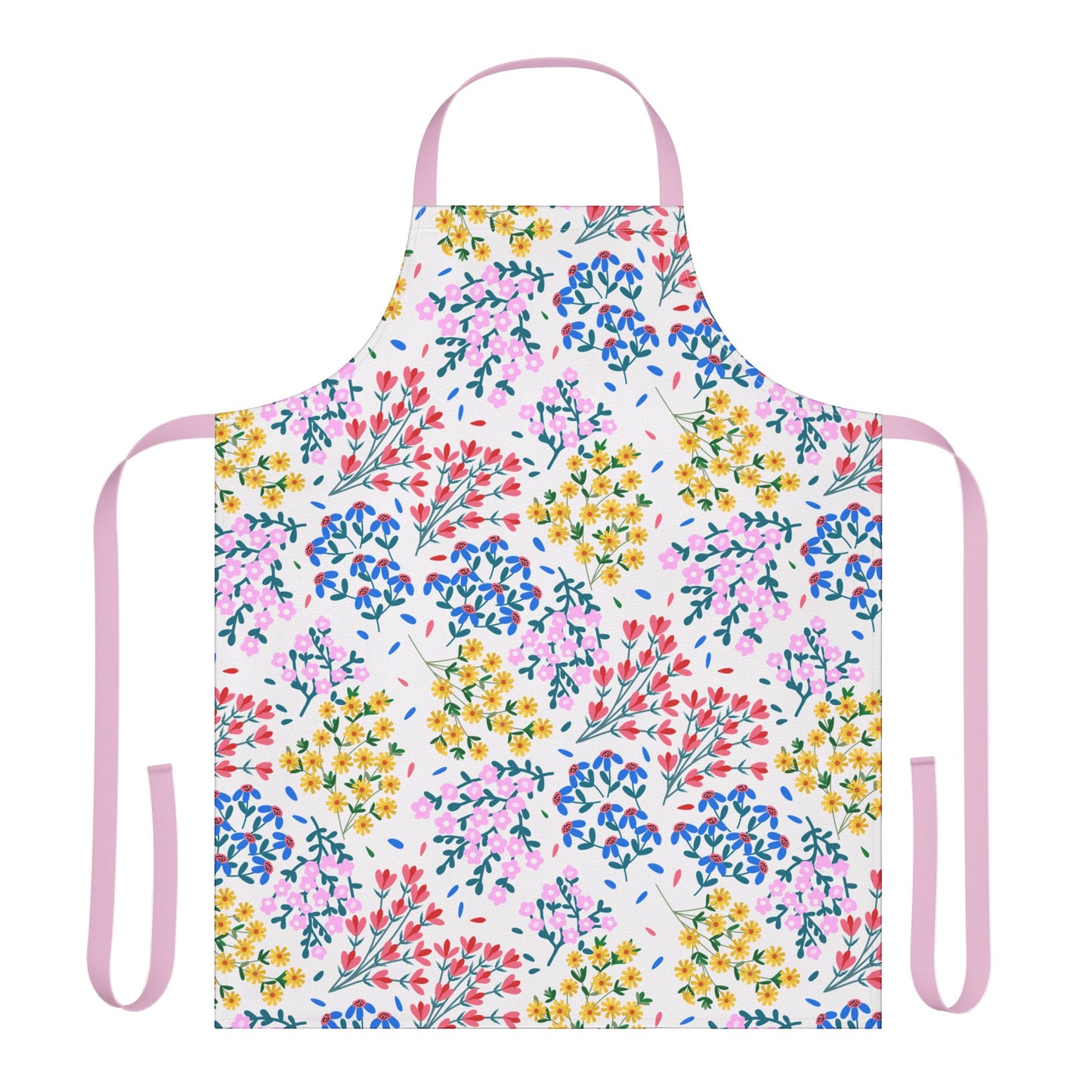 Floral Apron featuring vibrant red, pink, yellow, and blue blossoms with green foliage on a white background, accented by pale pink straps. Made from 100% polyester for comfort and stain resistance.