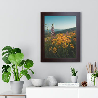 Vertical Poster - Mountain Flowers Design: A serene framed poster showcasing a close-up of mountain flowers, perfect for nature lovers seeking tranquility. Ideal for home decor, with durable museum-grade materials and easy hanging hardware.