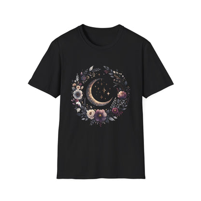 Moon & Floral Gildan Unisex T-Shirt featuring a moon surrounded by flowers. Designed for comfort with a classic fit and crew neckline, perfect for versatile, everyday wear.