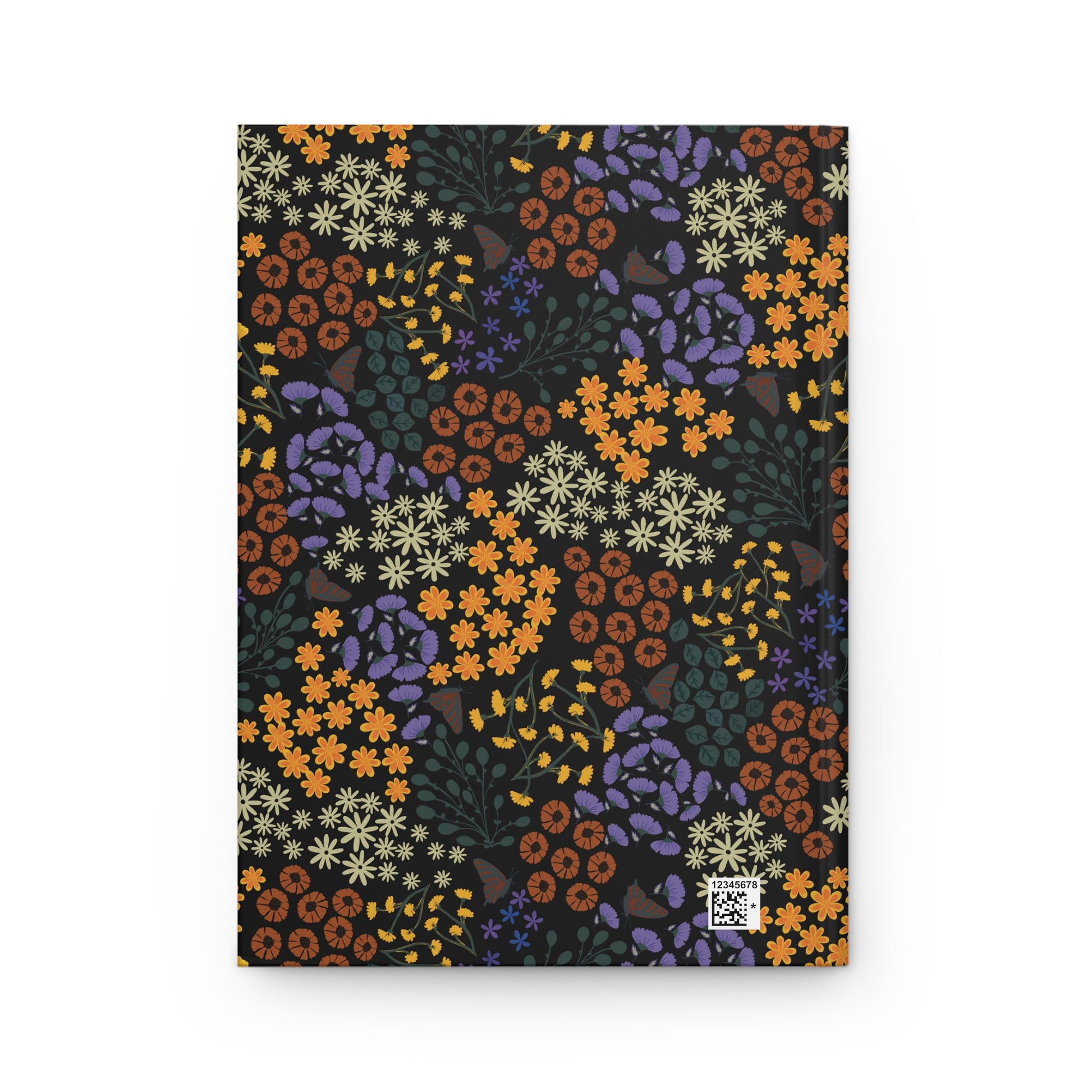 HARDCOVER JOURNAL, MATTE, RULED, 5X7, SEWN BIND, CLEAN-TEAR PAGES - AUTUMN NIGHT, featuring a vibrant floral pattern with butterflies and a small production barcode on the back cover.