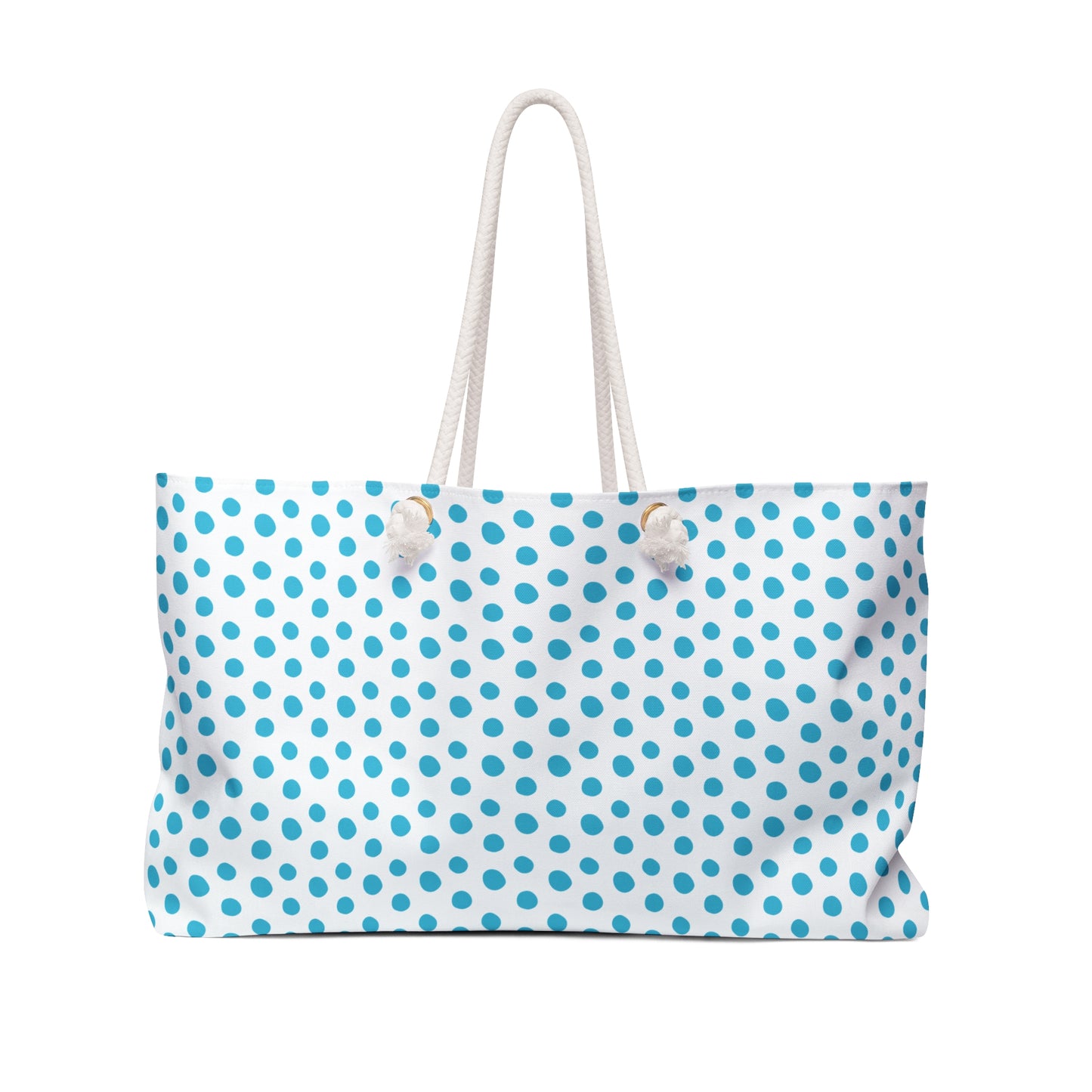Weekender Bag - Light Blue Polka (small) Dots Travel Tote with rope handles, featuring a playful light blue polka dot design on white fabric. Ideal for stylish, joyful weekend getaways and short trips.