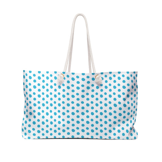 Weekender Bag - Light Blue Polka (small) Dots Travel Tote with rope handles, featuring a playful light blue polka dot design on white fabric. Ideal for stylish, joyful weekend getaways and short trips.