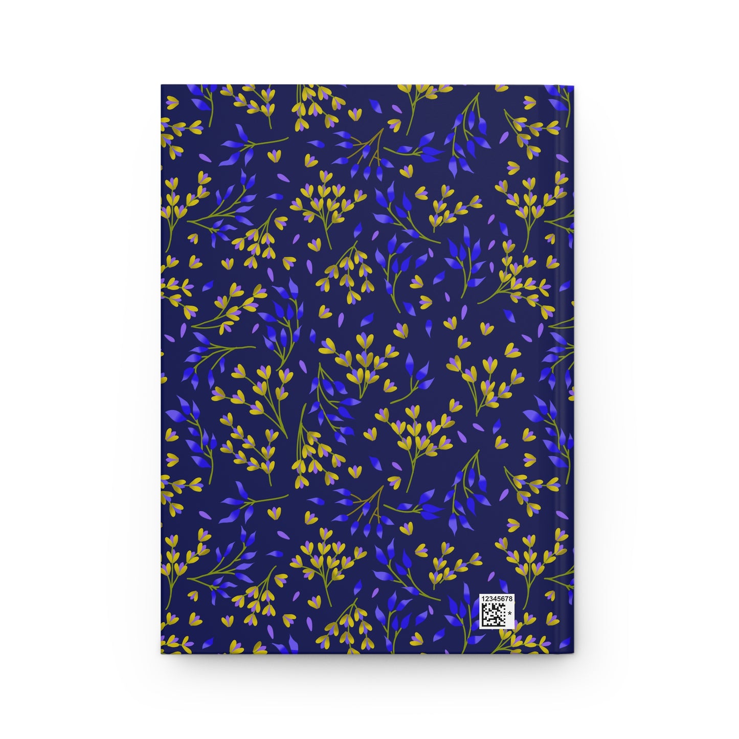 HARDCOVER JOURNAL, MATTE, RULED, 5X7, SEWN BIND, CLEAN-TEAR PAGES – EVENING BRANCHES features a navy floral pattern with vibrant sprigs and a QR-code label, ideal for uplifting notes and reflections.