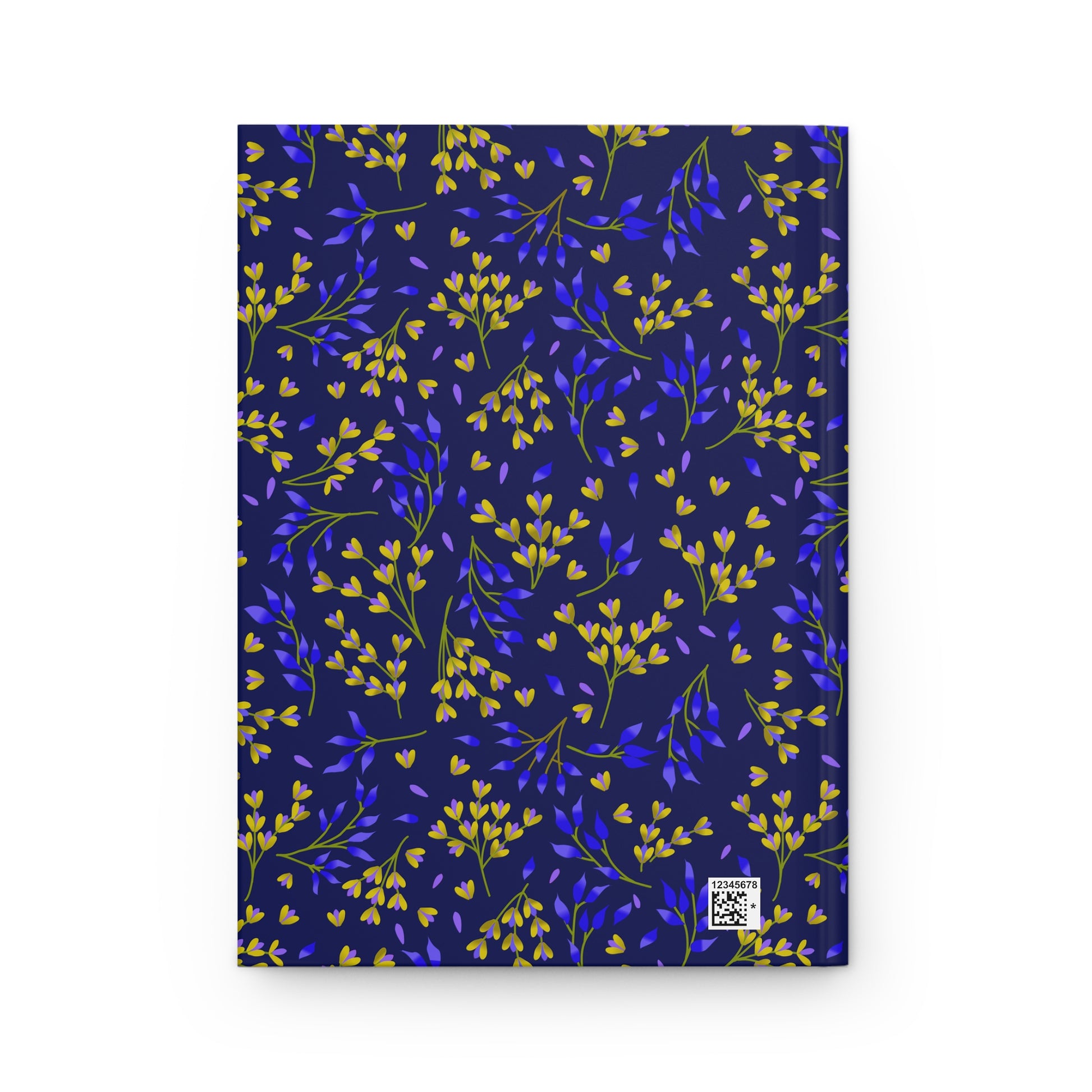 HARDCOVER JOURNAL, MATTE, RULED, 5X7, SEWN BIND, CLEAN-TEAR PAGES – EVENING BRANCHES features a navy floral pattern with vibrant sprigs and a QR-code label, ideal for uplifting notes and reflections.