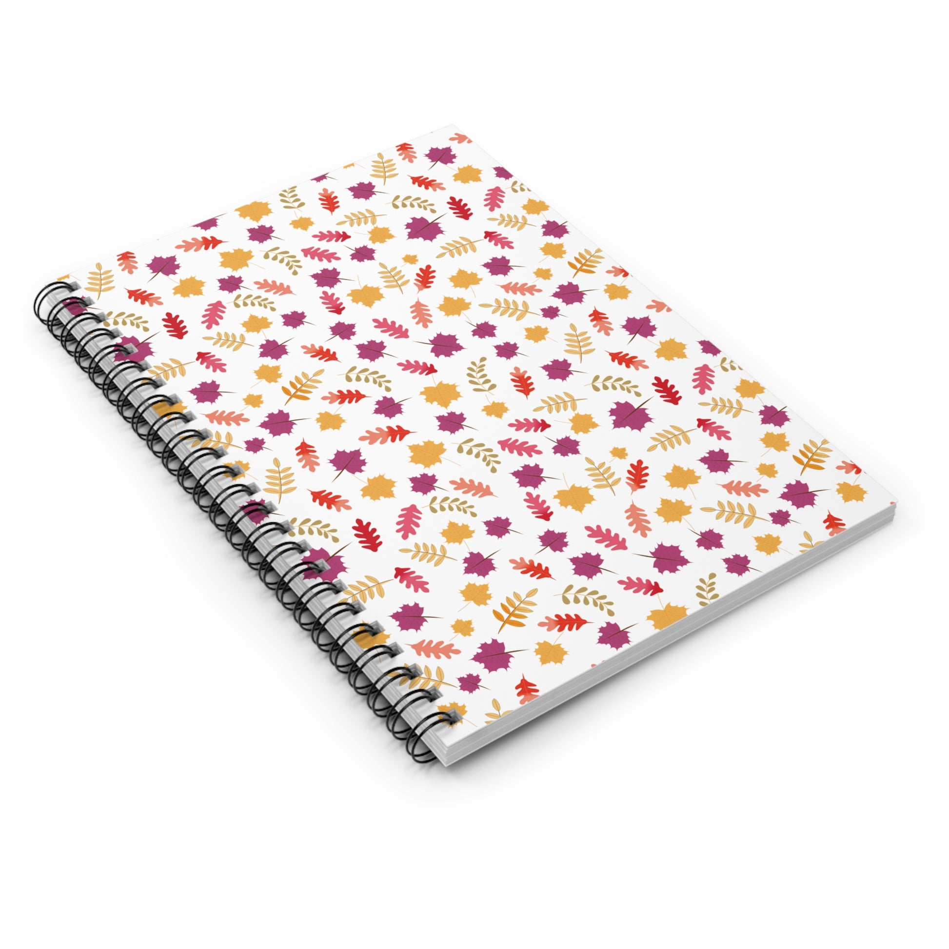 Floral Spiral Notebook with a white cover featuring a pattern of stylized autumn leaves, showcasing vibrant designs that enhance creativity and organization. Ideal for students, professionals, and creative expression.