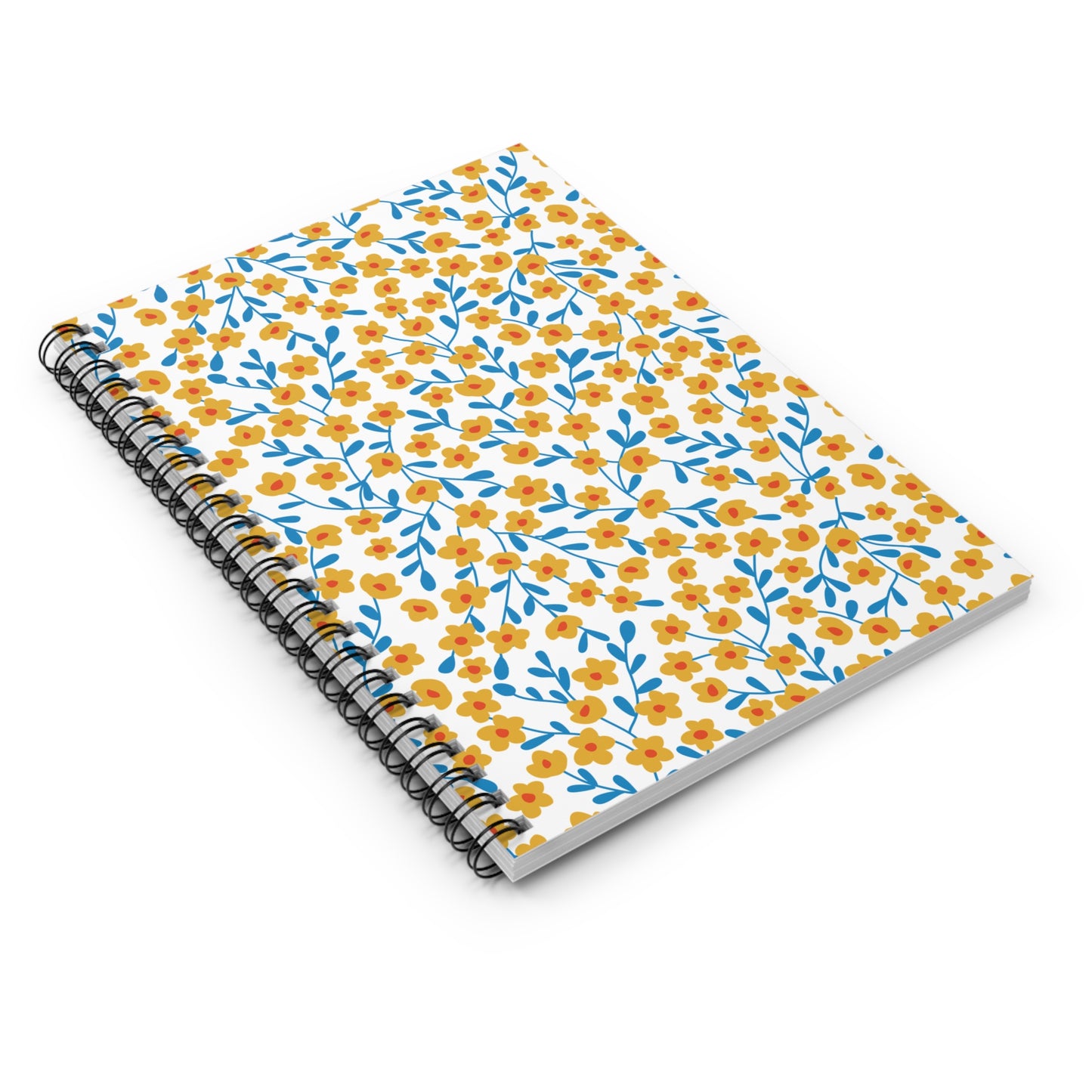 Floral Spiral Notebook with yellow flowers and blue sprigs on a white cover, featuring sleek metal binding for easy page turning; ideal for jotting down thoughts or sketching creatively.