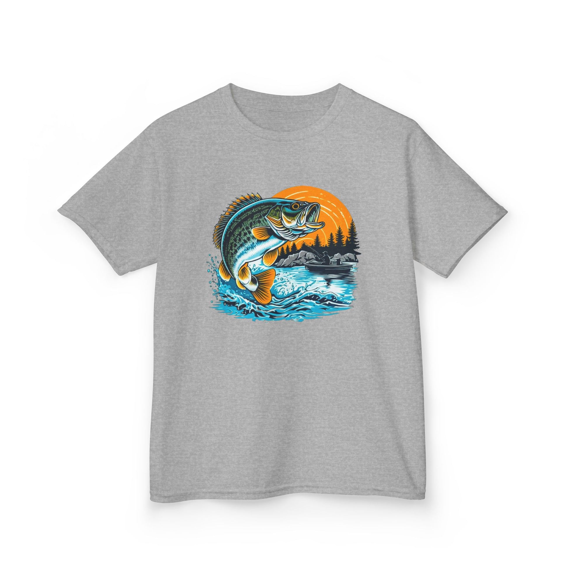 Leaping Bass Fishing Adventure Youth Gildan Unisex T-Shirt featuring a detailed fish jumping out of water design, ideal for young fishing enthusiasts seeking comfort and style from FireBrook Essentials.