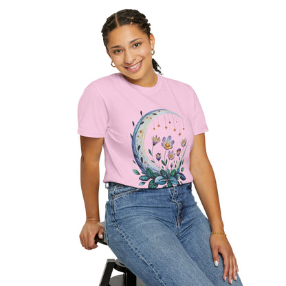 Crescent Moon Floral T-Shirt with a bohemian, dreamy design, featuring relaxed fit and crew neckline; perfect for casual wear, embodying FireBrook Essentials' uplifting and stylish approach to everyday apparel.