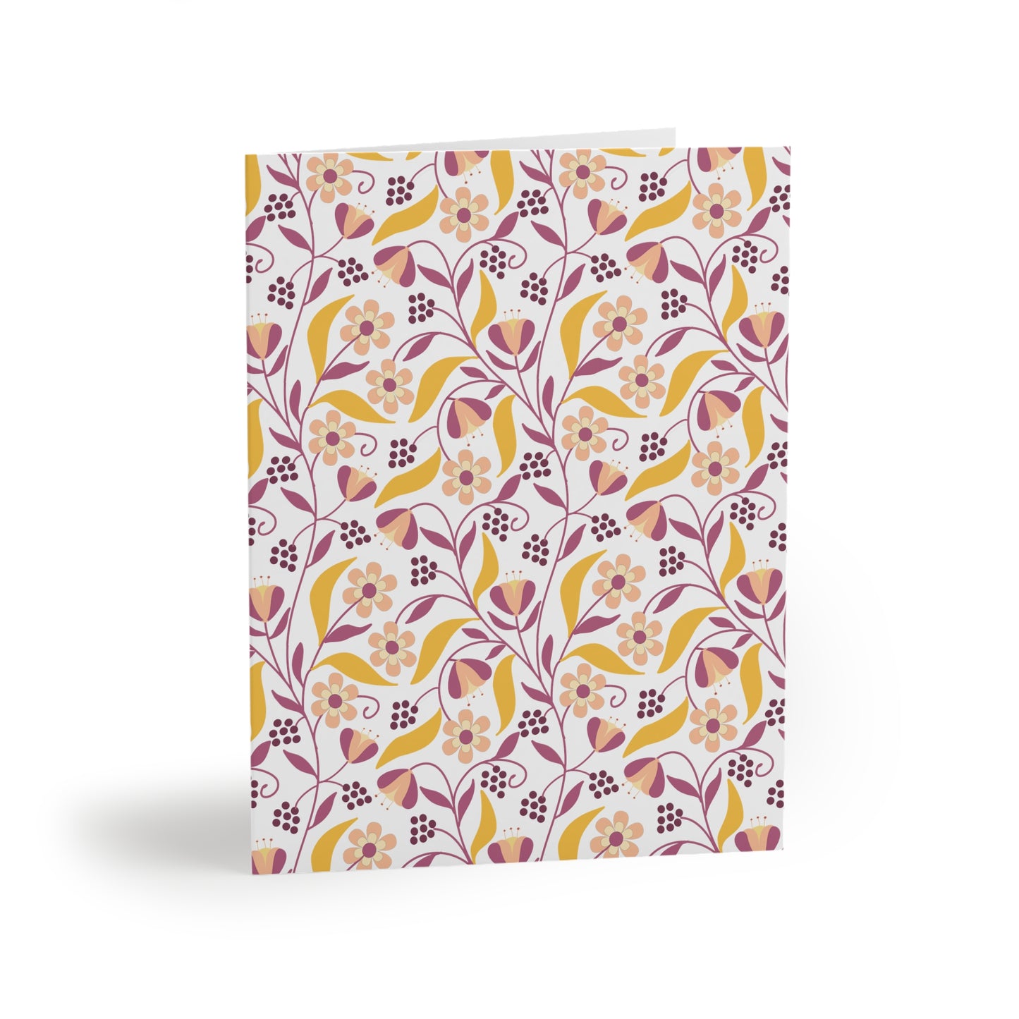 Floral Greeting Cards — Pack of 8/16/24 feature a vibrant floral pattern of stylized blossoms and leaves, offering a cheerful and elegant matte finish, perfect for personal messages or celebrations.