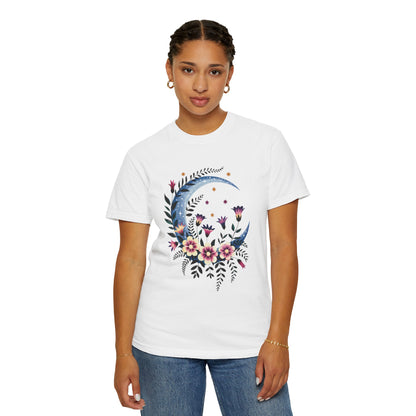 Crescent Moon Floral T-Shirt with a relaxed fit and crew neckline, showcasing a bohemian design ideal for casual or special gatherings, embodying FireBrook Essentials' uplifting and stylish ethos.
