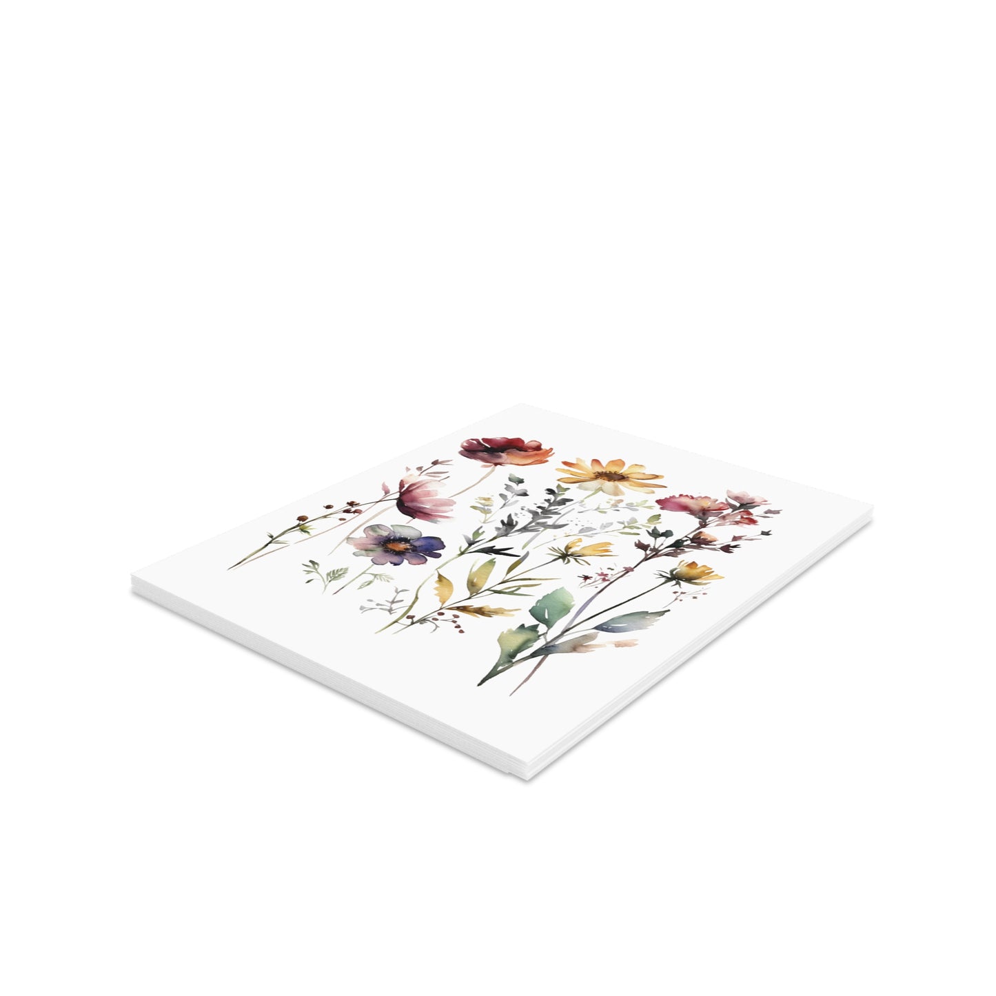 Flower Greeting Cards — Pack of 8/16/24 feature a stack of matte-finish cards adorned with watercolor-style wildflower illustrations, including poppies and daisies, embodying cheerful, personal expressions ready for heartfelt messages.