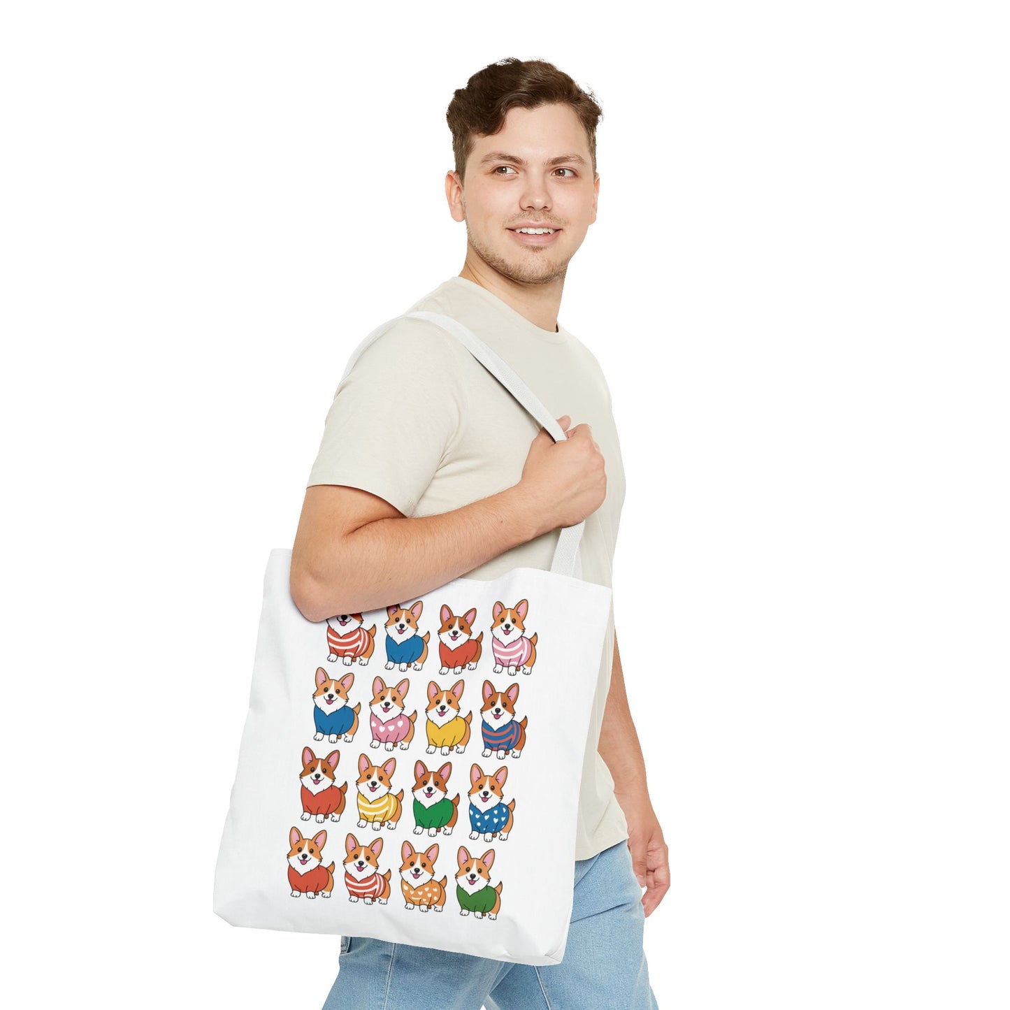 Corgi Grid Tote Bag - Cheerful Cartoon Style Dog Lover Shoulder Bag: Adorned with cartoon Corgis in fun outfits, this durable polyester tote offers whimsical charm and practicality, perfect for everyday use and dog enthusiasts.