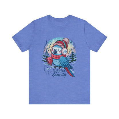 Winter Serenity Cute Baby Parrot Unisex T-Shirt features a charming baby parrot design, perfect for adding winter vibes to your wardrobe. Ideal for casual wear, showcasing comfort and style from FireBrook Essentials.