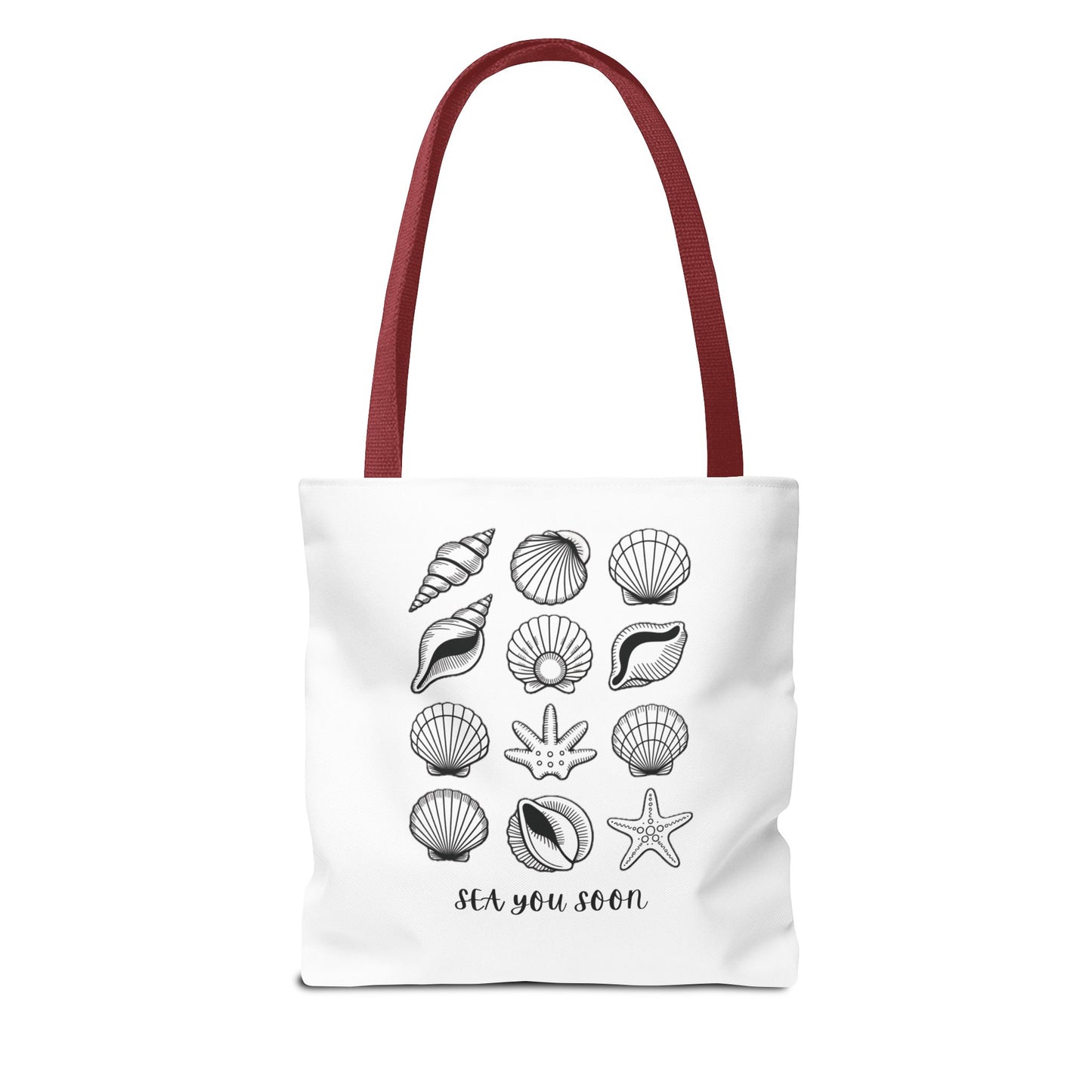 Sea Shells Tote Bag featuring a beachy design, crafted from durable polyester with reinforced stitching. Ideal for beach trips, it offers spaciousness with boxed corners and versatile color handle options for seaside adventures.