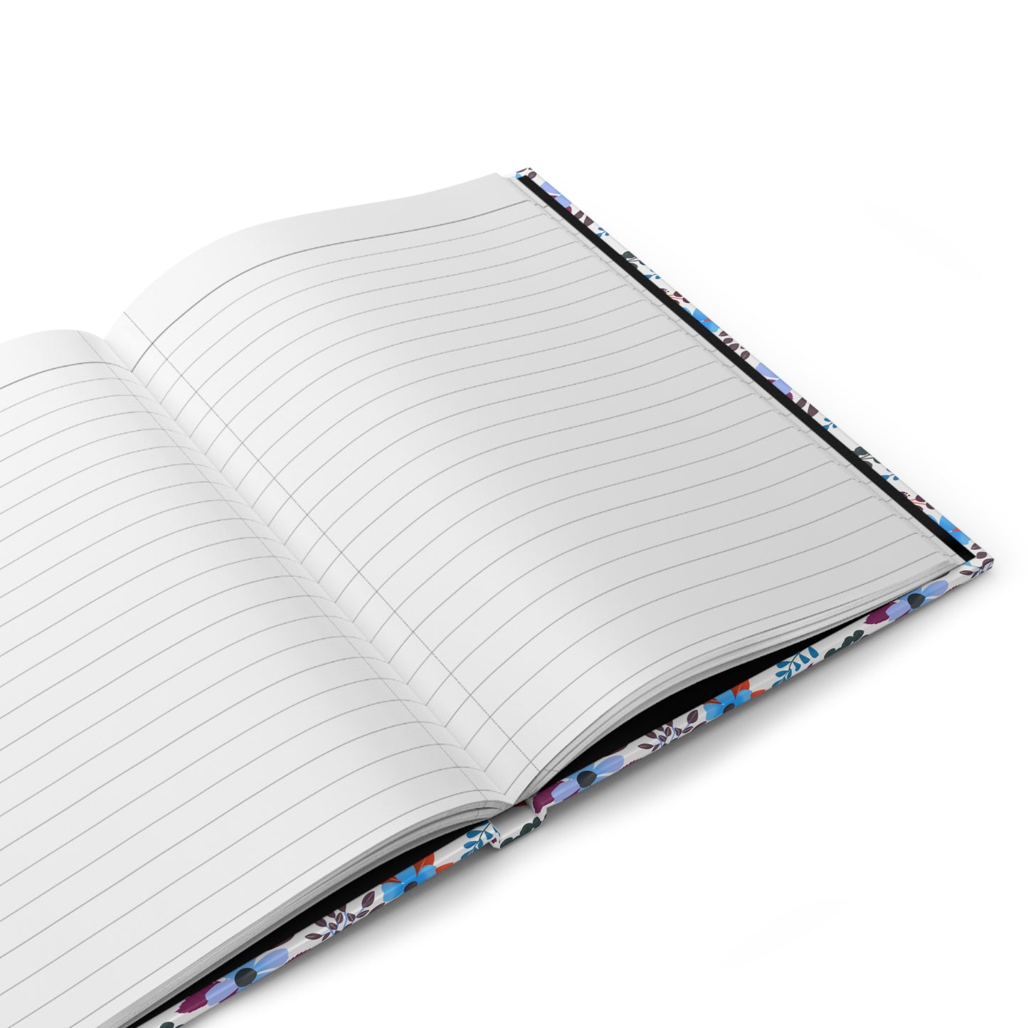 HARDCOVER JOURNAL, MATTE, RULED, 5X7, SEWN BIND, CLEAN-TEAR PAGES – BLOOM BRIGHTLY, laid flat showing blank, lined pages and vibrant floral cover edges, capturing FireBrook Designs' uplifting essence.