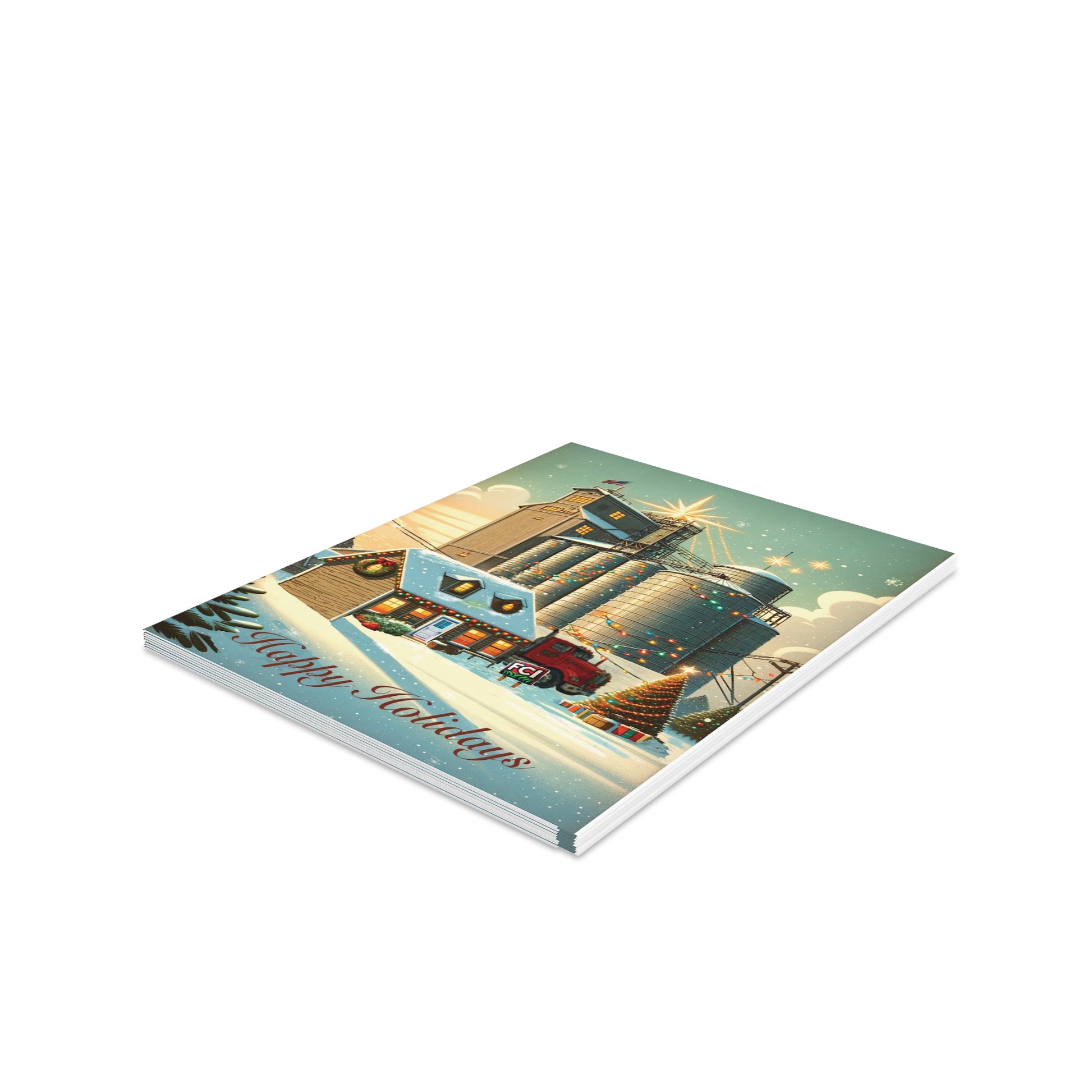 Greeting Cards —Mill - Pack of 8/16/24 feature a snowy twilight farm scene with a festive red truck, barn, and Christmas tree. Each card includes a matching envelope, perfect for sharing joy.