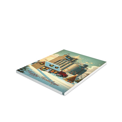 Greeting Cards —Mill - Pack of 8/16/24 feature a snowy twilight farm scene with a festive red truck, barn, and Christmas tree. Each card includes a matching envelope, perfect for sharing joy.