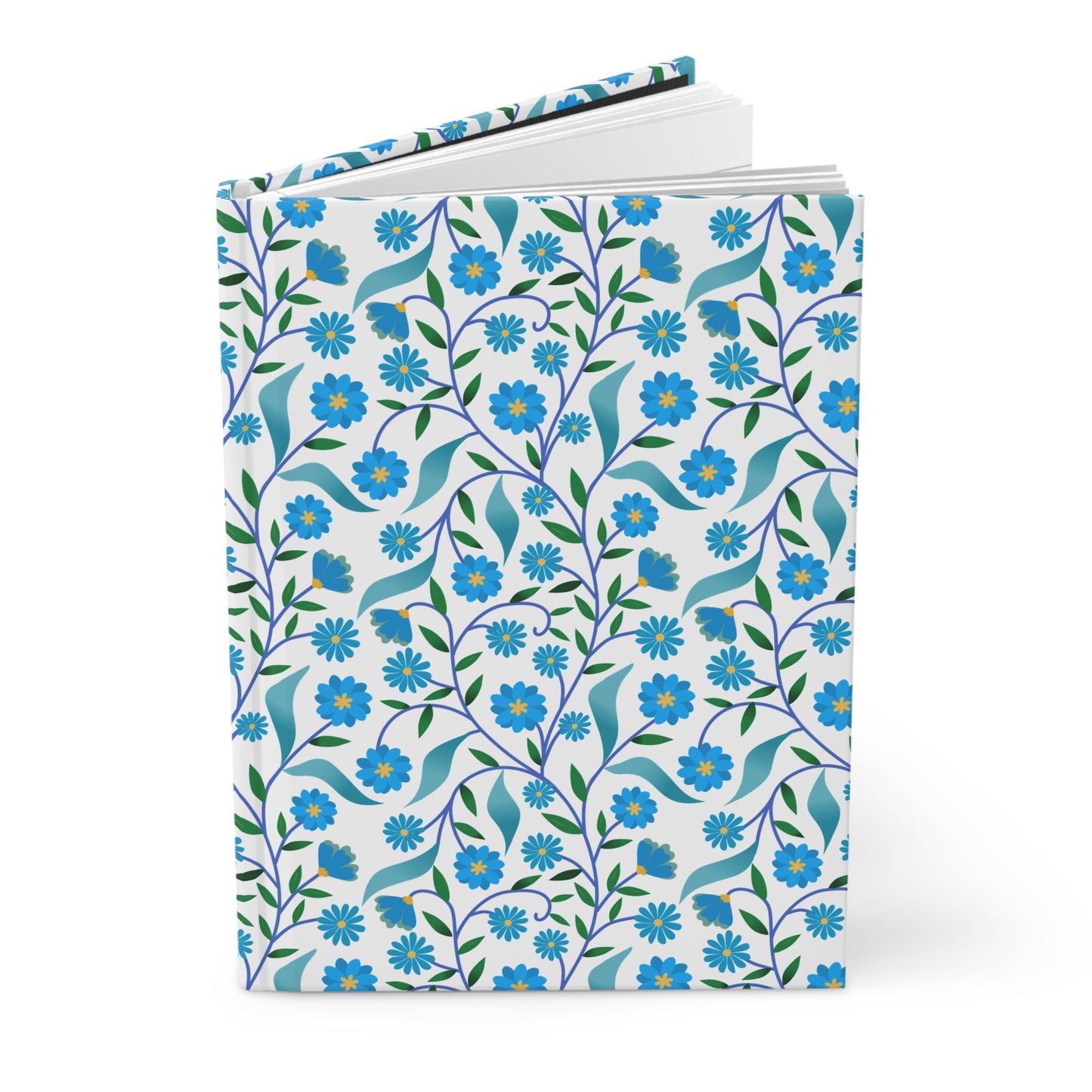 HARDCOVER JOURNAL, MATTE, RULED, 5X7, SEWN BIND, CLEAN-TEAR PAGES – BLUE DAISY VINE features a floral-patterned cover with blue blossoms, perfect for inspiring joyful writing or sketching.