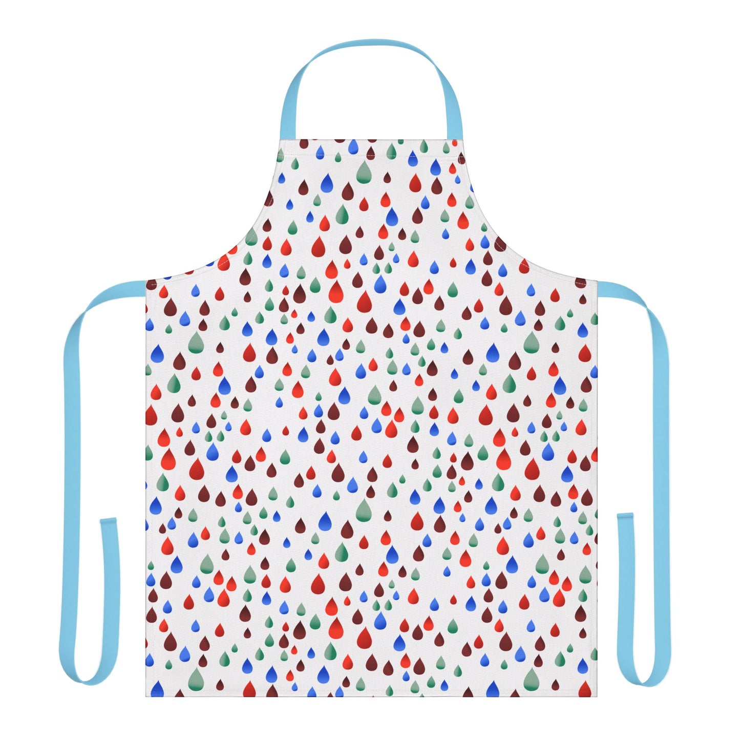 Happy Raindrops Apron: Classic bib-style apron in white with vibrant raindrop pattern. Pale blue neck loop and versatile waist ties enhance comfort. Perfect for joyful cooking and crafting with stain-free protection.