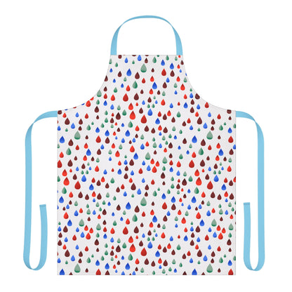 Happy Raindrops Apron: Classic bib-style apron in white with vibrant raindrop pattern. Pale blue neck loop and versatile waist ties enhance comfort. Perfect for joyful cooking and crafting with stain-free protection.