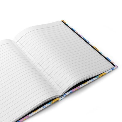 HARDCOVER JOURNAL, MATTE, RULED, 5X7, SEWN BIND, CLEAN-TEAR PAGES – CHEERFUL BLOOMS MIX features open, lined pages with a glimpse of its vibrant floral cover, reflecting FireBrook Essentials' joyful, uplifting design ethos.