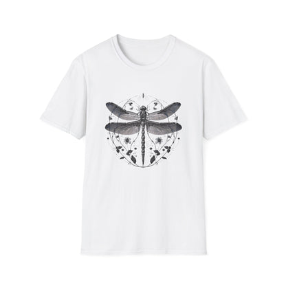 Dragonfly Gildan Unisex T-Shirt featuring a playful dragonfly design on lightweight fabric, embodying comfort and nature-inspired style. Made from ethically sourced cotton, perfect for casual gatherings or lounging.